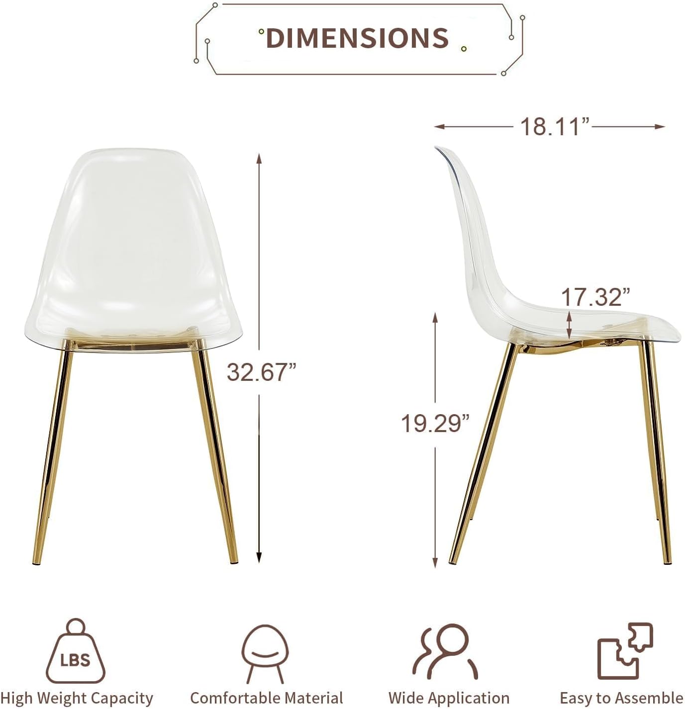 Baysitone Clear Dining Chairs Set of 10, Modern Kitchen Chairs with Transparent Seat, Acrylic Accent Side Chairs with Plating Metal Legs for Dining Room, Kitchen, Living Room with Gold