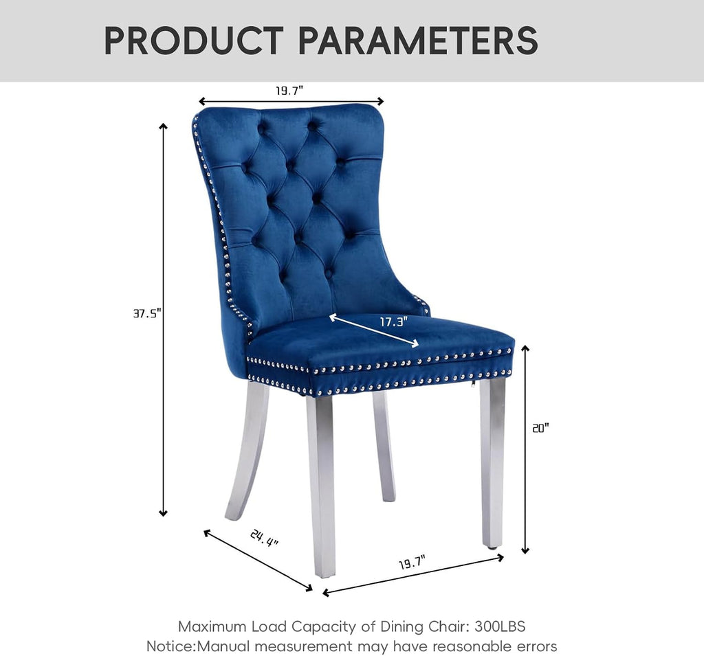 Modern Velvet Upholstered Dining Chairs Set of 4 - Tufted Back with Nailhead Trim & Silver Stainless Steel Legs for Kitchen, Dining Room, Living Room (Blue)