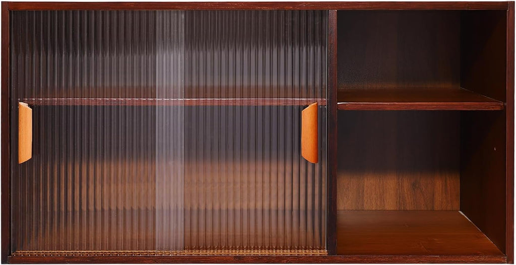 Kitchen Pantry Cabinet, Wall Mount or Countertop Sideboard with Glass Doors, 2 Tiers Rectangular Cupboard Food Pantry Cabinet for Kitchen, Dining Room, or Living Room (Walnut)