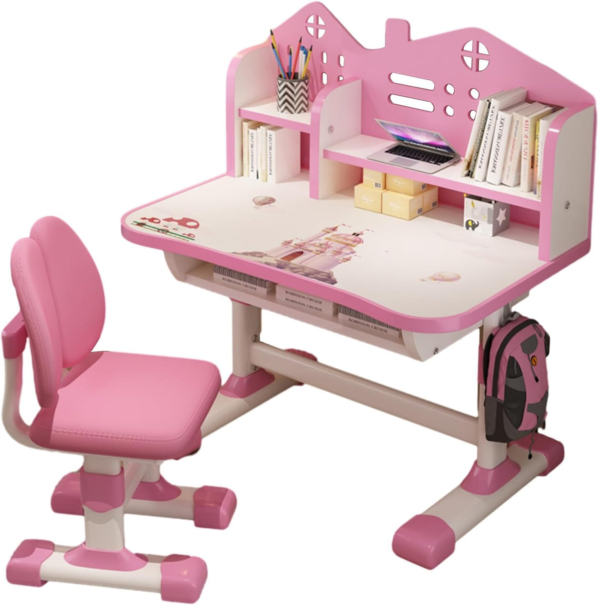 2-Piece Kids Adjustable Study Desk & Seat Set, Cartoon Print Widened Desktop with Storage Drawer Metal Frame for Homeschool Bedroom Playroom Pink