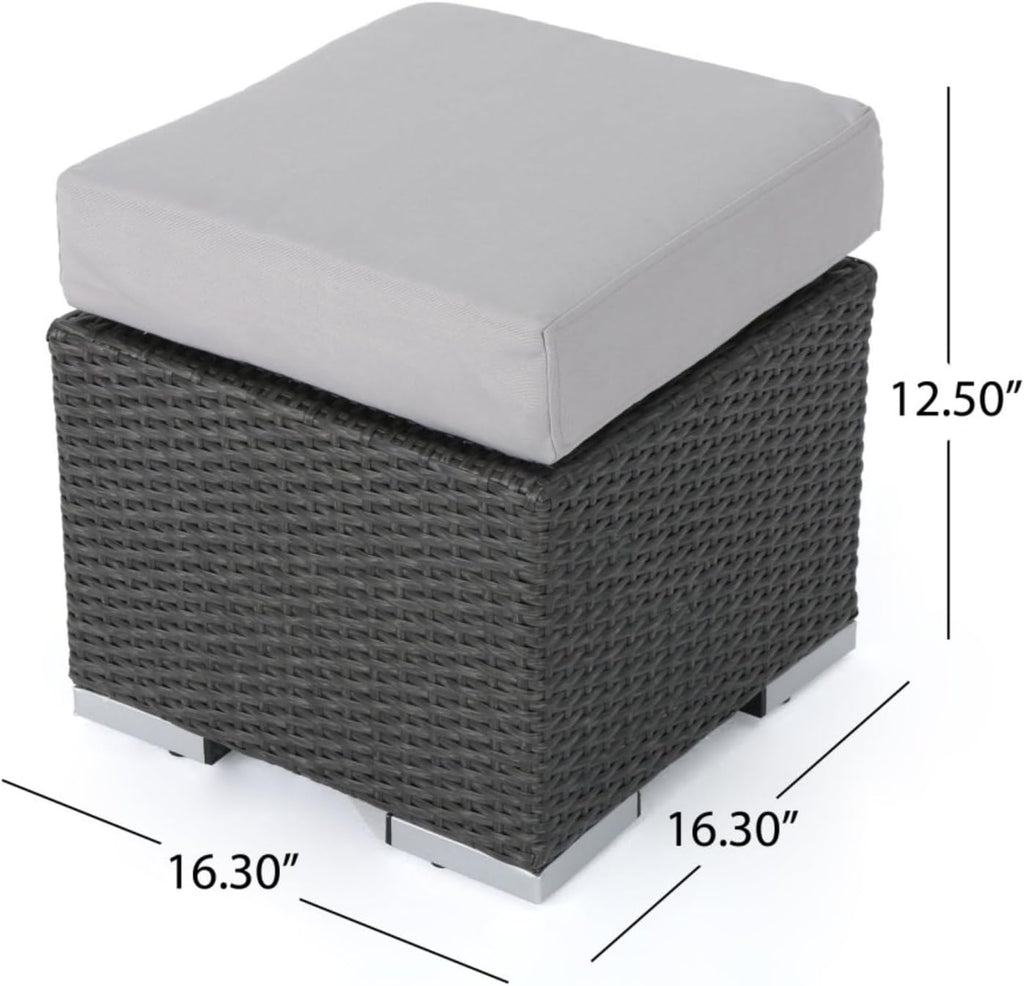 Hassyee PE Rattan Grey Patio Ottoman with Thick Cushions for Poolside, Lawn, Outdoor Square Foot Stool with Iron Frame for Living Room, Garden, Backyard, Classic Footrest