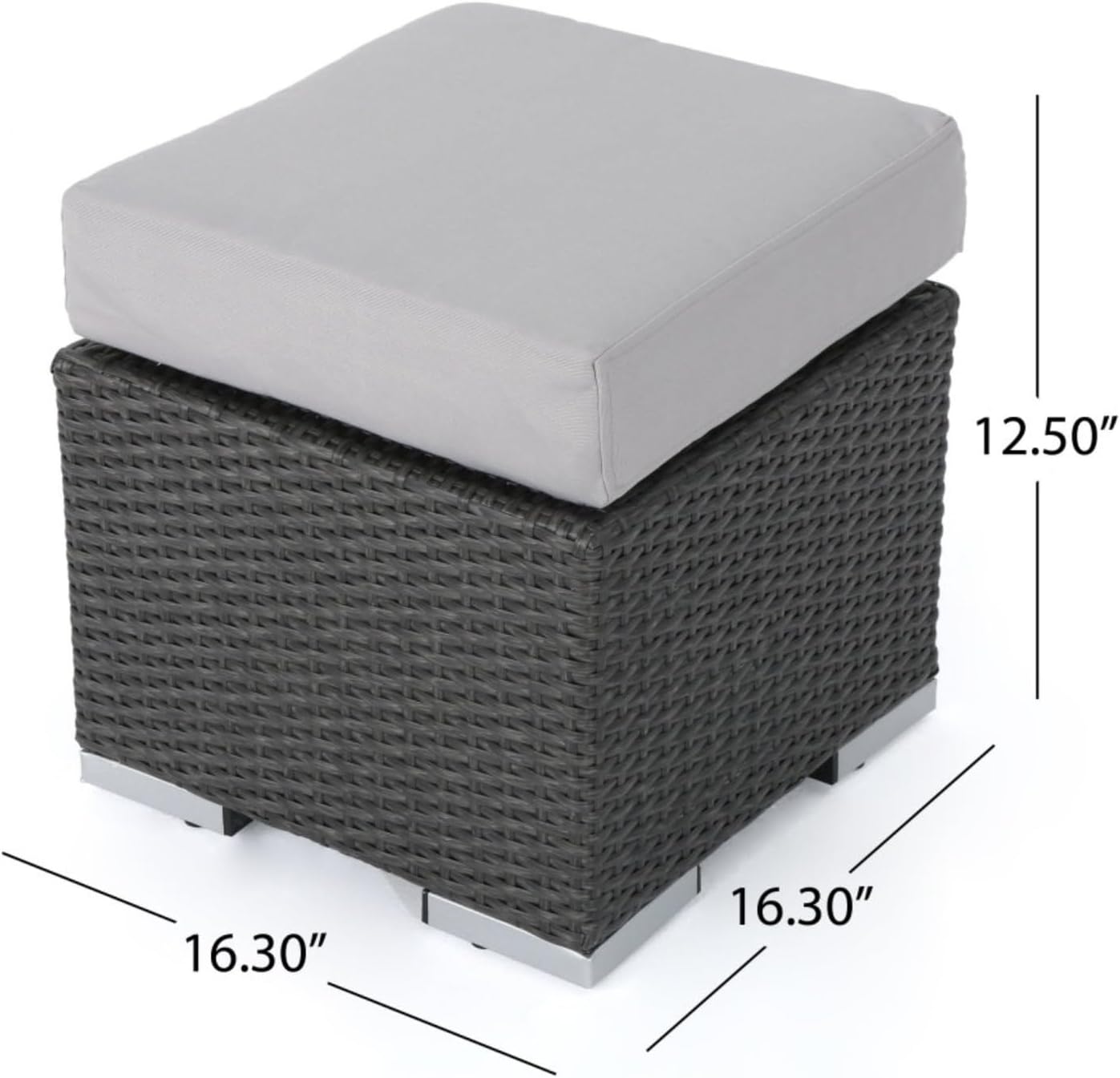 Hassyee PE Rattan Grey Patio Ottoman with Thick Cushions for Poolside, Lawn, Outdoor Square Foot Stool with Iron Frame for Living Room, Garden, Backyard, Classic Footrest