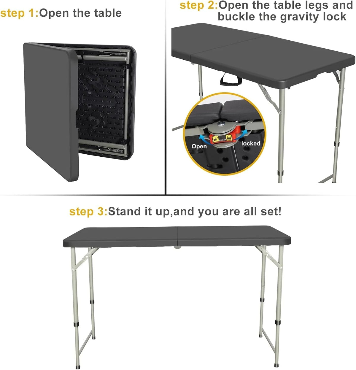 SKONYON 4 Foot Folding Table Heavy Duty Portable Fold-in-Half Plastic Utility Table Small Indoor Outdoor Adjustable Height Card Table with Carrying Handle, Camping and Party, Black