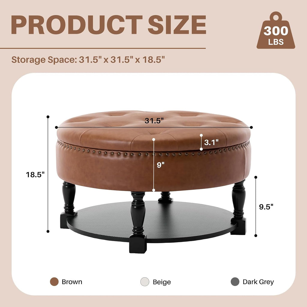 31.5 Inch Large Round Storage Ottoman with Wood Shelf Multifunctional Coffee Table Ottoman Round Storage Bench with Bottom Open Shelf for Living Room Bedroom Entryway Brown PU Leather