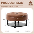 31.5 Inch Large Round Storage Ottoman with Wood Shelf Multifunctional Coffee Table Ottoman Round Storage Bench with Bottom Open Shelf for Living Room Bedroom Entryway Brown PU Leather