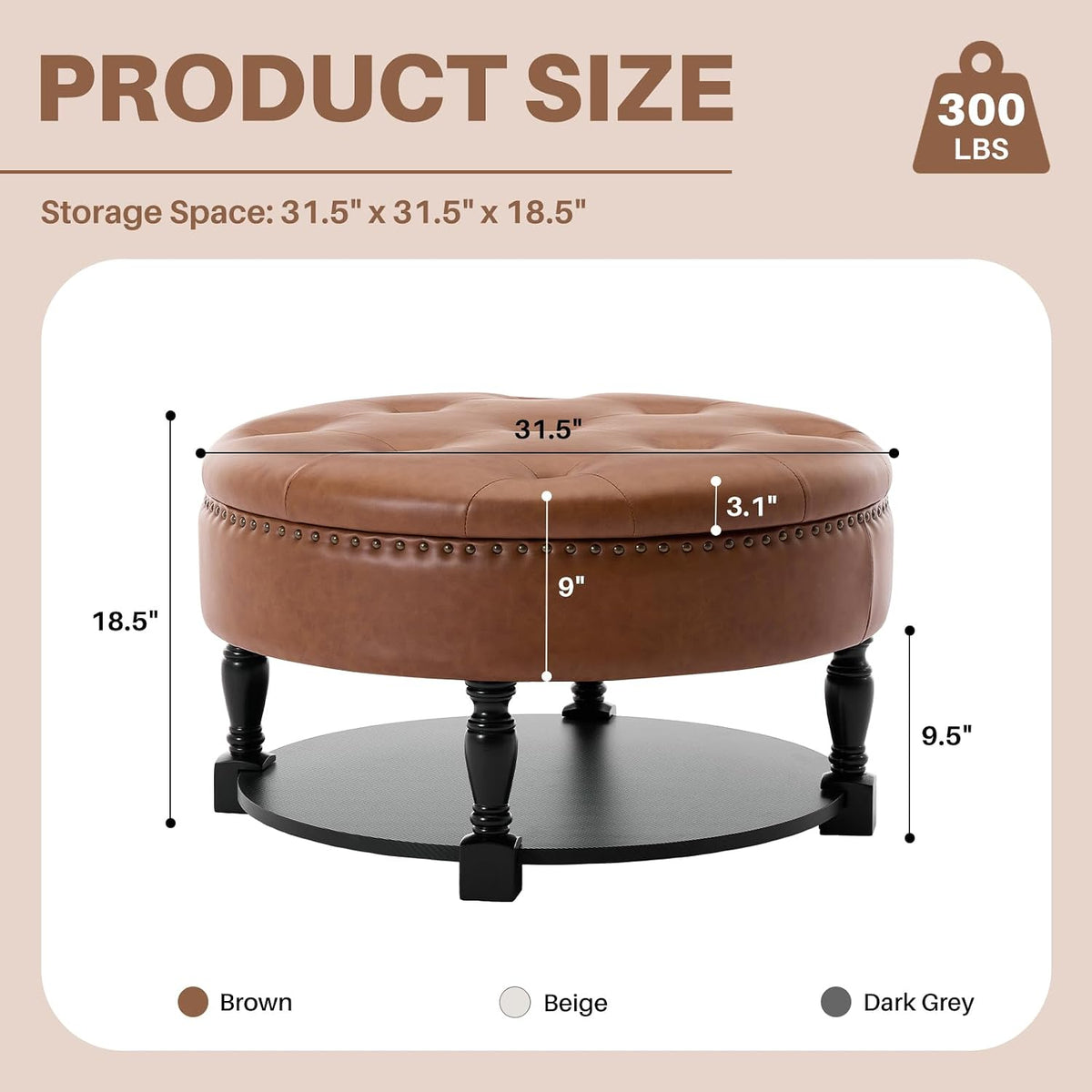 31.5 Inch Large Round Storage Ottoman with Wood Shelf Multifunctional Coffee Table Ottoman Round Storage Bench with Bottom Open Shelf for Living Room Bedroom Entryway Brown PU Leather