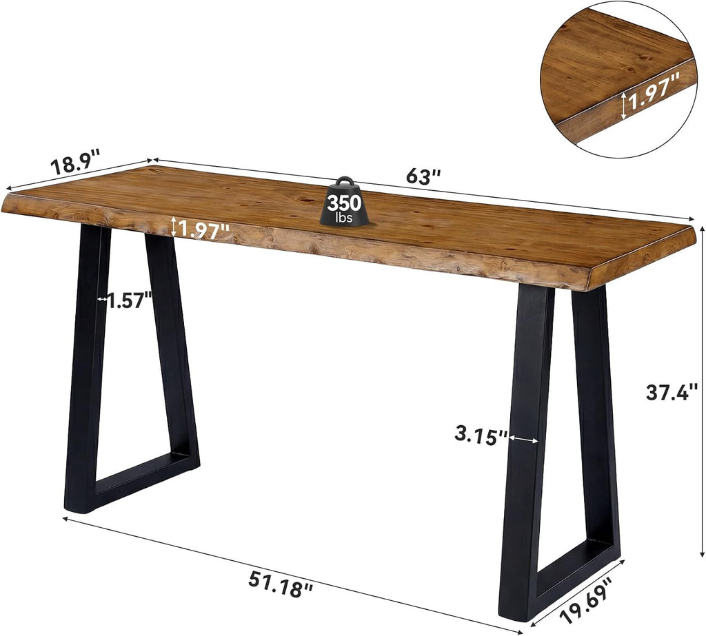 63” Solid Wood Bar Table, Commercial Grade Counter Height Table with Metal Legs, Heavy Duty Long Pub Table for Restaurant, Bar, Café & Hospitality Use, Rustic Brown Black