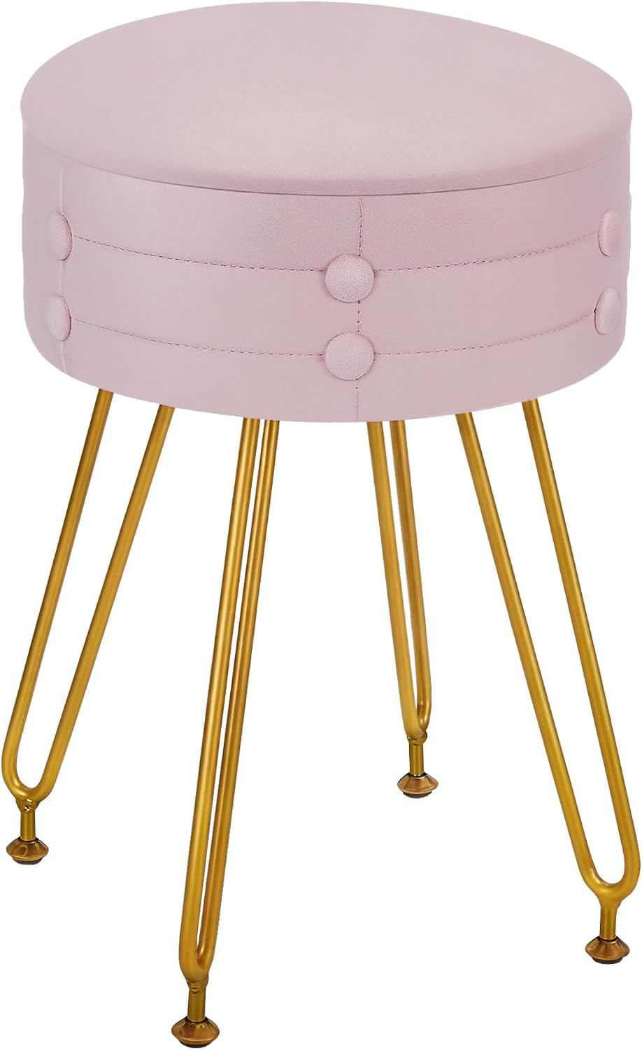 VECELO Round Velvet Vanity Stool with Storage, Faux Fur Padded Makeup Chair with 4 Metal Legs for Bedroom, Pink