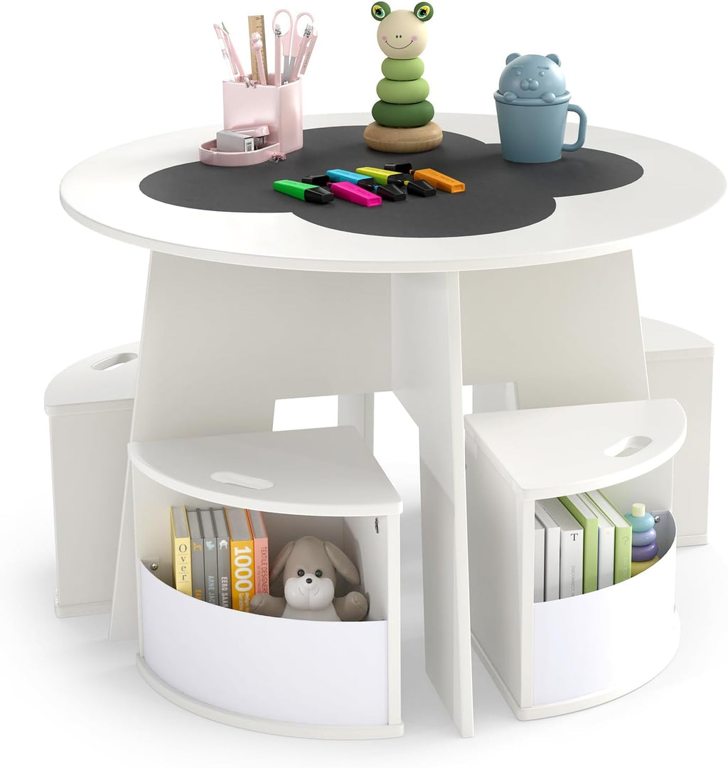 HONEY JOY White Kids Table and Chair Set, Children Activity Play Table with 4 Storage Stools for Art Craft, Nesting Design Toddler Table and Chair Set for Playroom, Daycare, Gift for Boys Girls
