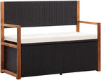 Outdoor Storage Bench with Solid Acacia Wood Accents and Comfortable Cushion, 45.3 inch Poly Rattan Garden Seating for Patio, Deck, and Backyard Organization