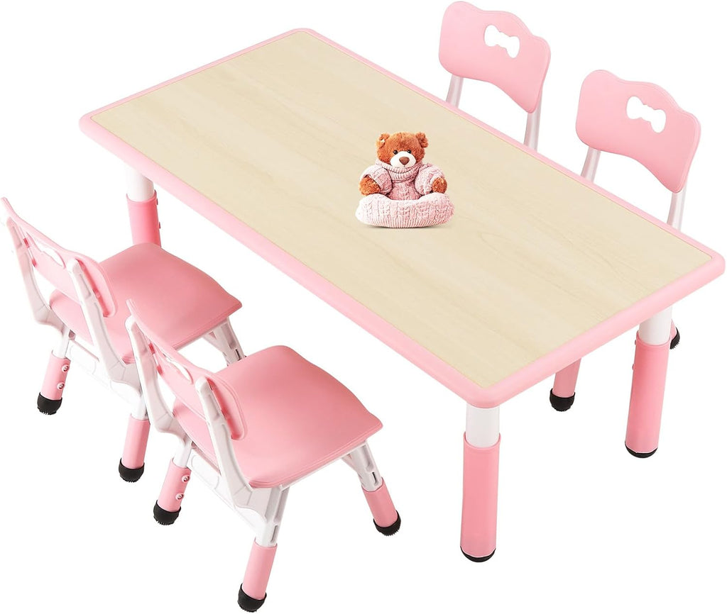 FUNLIO Kids Table and 4 Chairs Set and Adjustable Kids Chair (2pcs)，Easy to Wipe Arts & Crafts Table, for Classrooms/Daycares/Homes, CPC & CE Approved (5-Piece Set) - Pink
