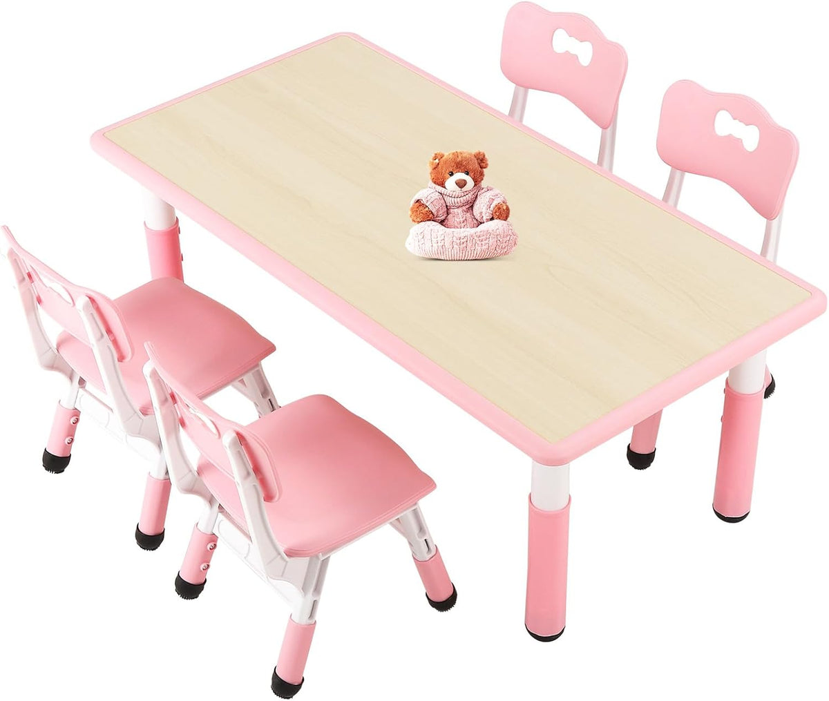 FUNLIO Kids Table and 4 Chairs Set and Adjustable Kids Chair (2pcs)，Easy to Wipe Arts & Crafts Table, for Classrooms/Daycares/Homes, CPC & CE Approved (5-Piece Set) - Pink