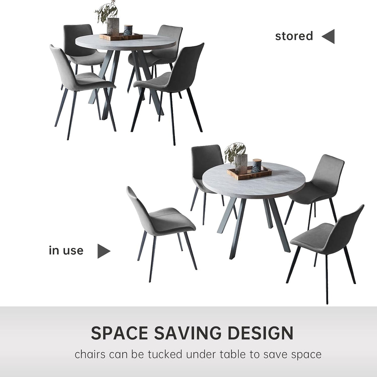 Zerifevni Round Dining Table Set, Mid Century Modern Small Round Dining Table Set, Saving Space (Table + 4 Grey Chairs)