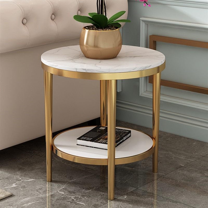 Bedside/Sofa Side Table: Stainless Steel & Marble Two-Tier Small Round Table – Suitable for Living Room Sofas and Corners