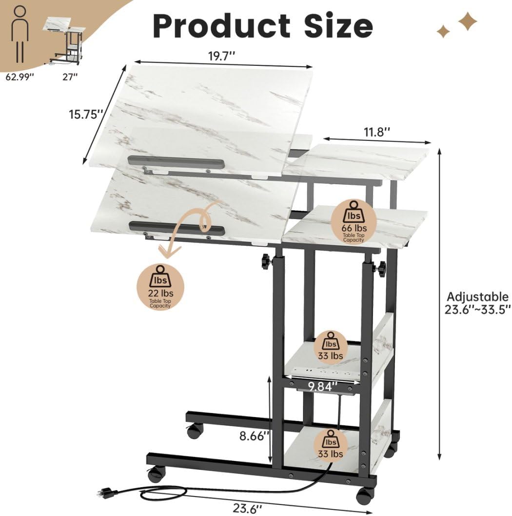 Hadulcet Adjustable C Table with Charging Station, Tiltable Desk C Shaped End Table for Couch, Over Bed Table with Wheels Adjustable Height, Hospital Table Laptop Stand Drawing Desk, Marble White