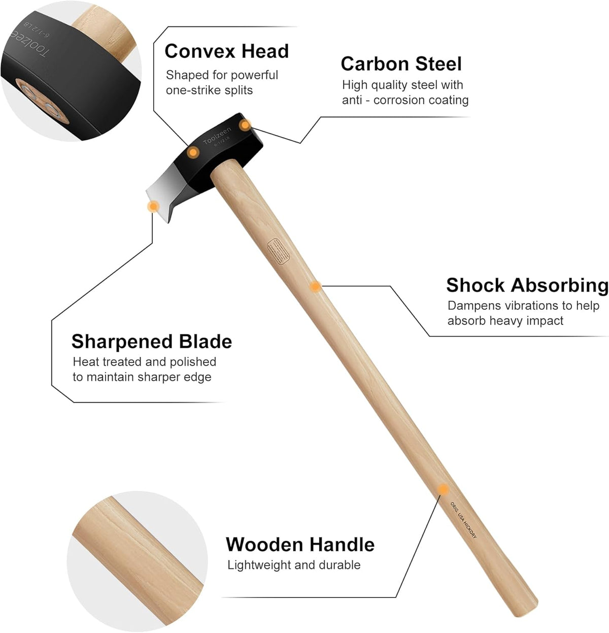 Splitting Maul- Wood Splitter Maul 6 1/2 lbs Head- Heavy Duty Wood Splitter Axe with 36" ergonomics Hickory Handle for Hardwood，Campfires，Firewood(36inch Splitting Maul)