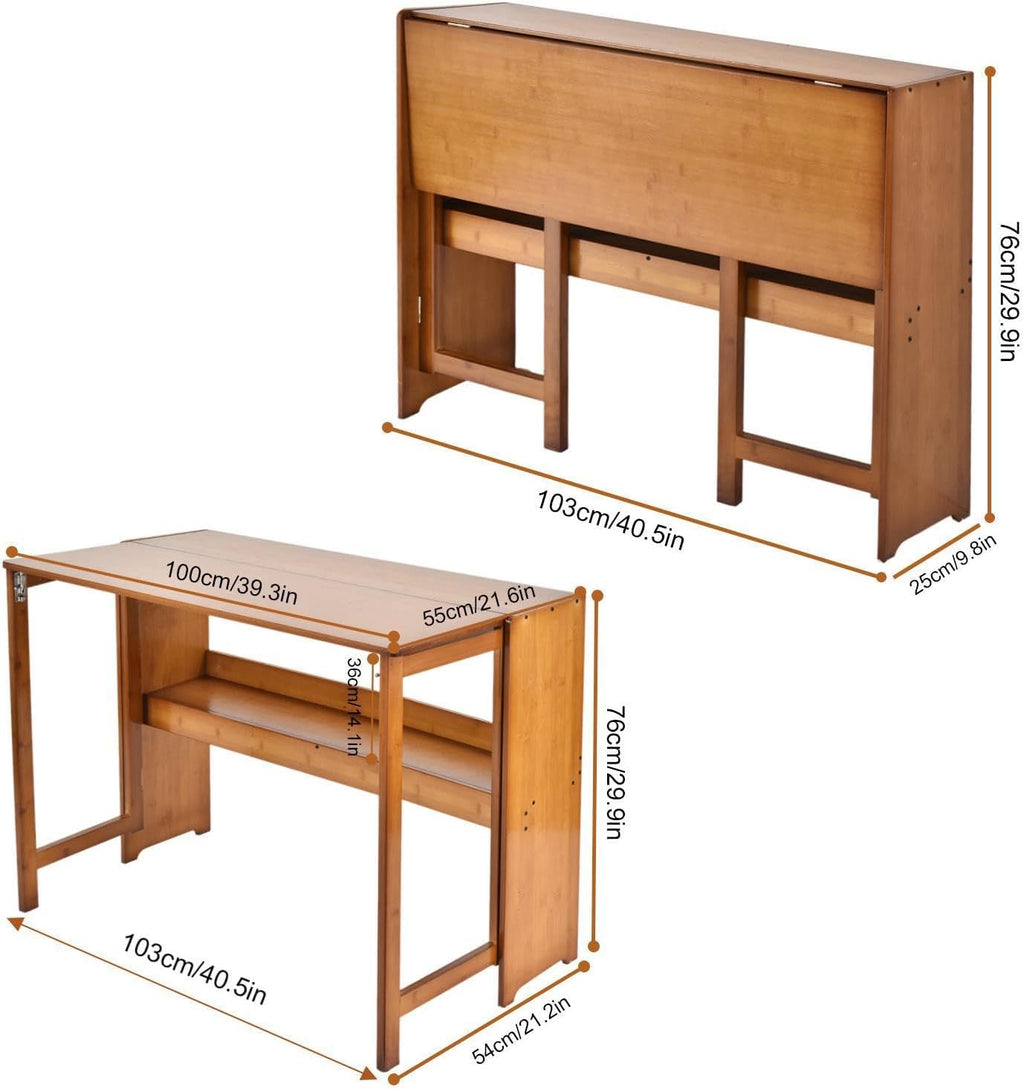 41'' Bamboo Folding Desk with Bookshelf, Space-Saving Foldable Computer Desk, Mid Century Modern Style Foldable Study Table for Home, Office, Bedroom, Small Spaces, Brown