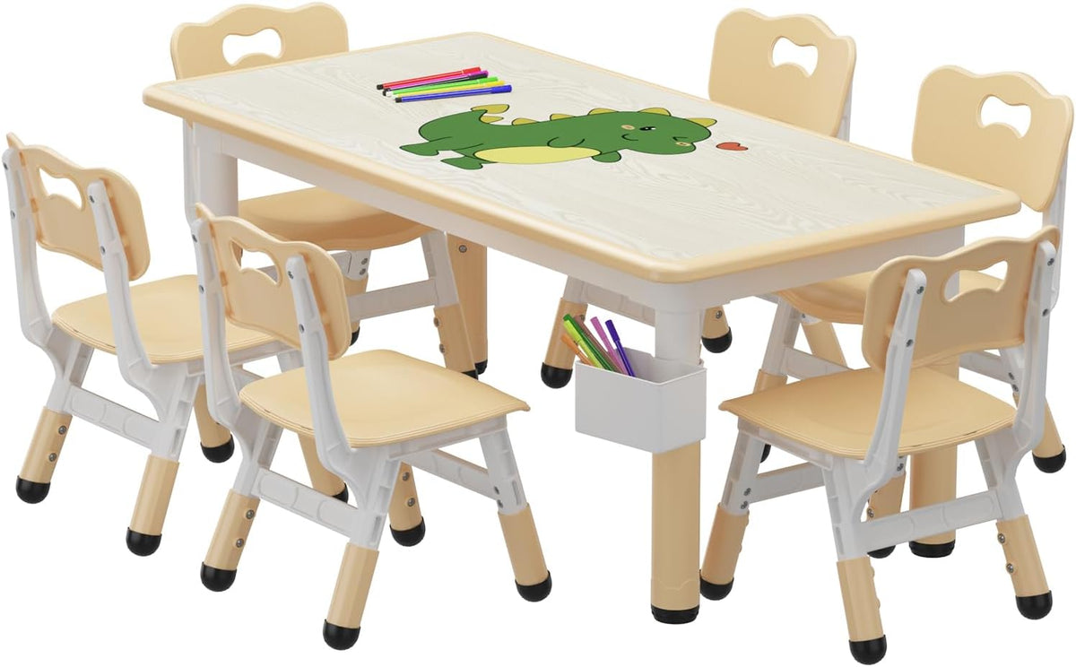 Jojoka Natural Wood Kids Table & 6 Chairs Set – with Storage Box | for ages 2-10, Built-in storage box, Graffiti desktop for creative play, Non-slip legs for safety.