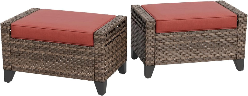 2 Pieces Modern Outdoor Wicker Patio Footstools, Multipurpose PE Rattan Ottomans Set for Poolside, Backyard and Balcony, Brown/Red