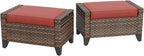 2 Pieces Modern Outdoor Wicker Patio Footstools, Multipurpose PE Rattan Ottomans Set for Poolside, Backyard and Balcony, Brown/Red
