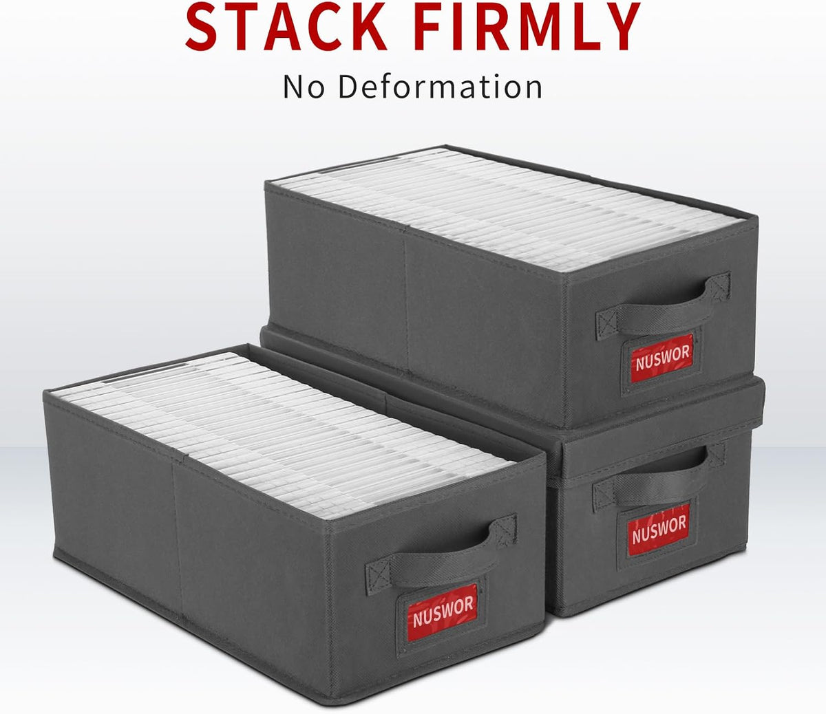 NUSWOR DVD Storage Box - DVD Storage Solutions 4Pack- Grey | Stackable DVD Case Holder Organizer - Holds up to 100 DVDs - 15.75 x 8.1 x 6.1 inches