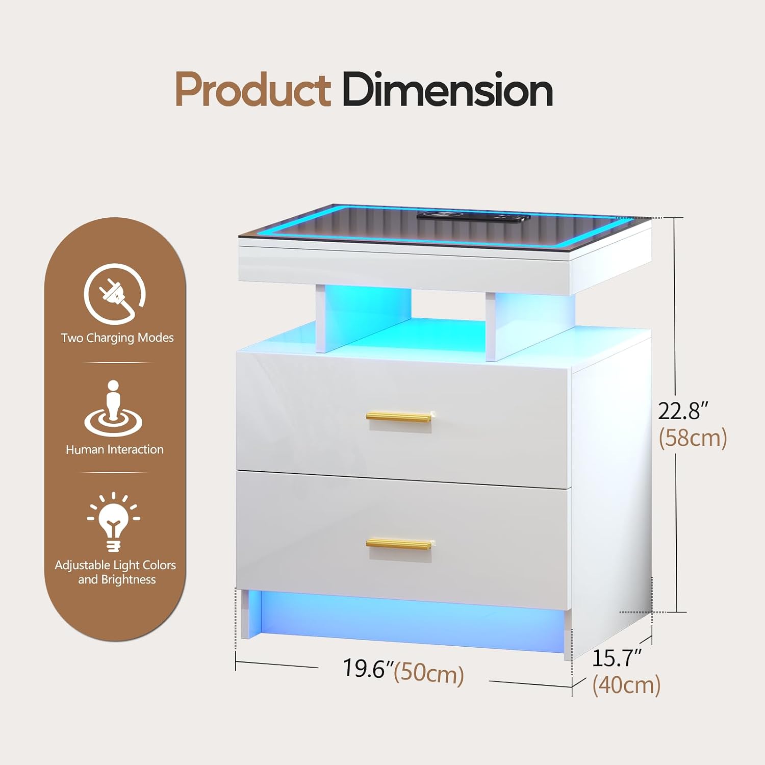 LED Nightstand Set 2 with Charging Station,Motion Senor,White | Night Stand with 2 Drawers,Glass Top Smart BedSide Table,Modern End Table Side for Bedroom,Living Room,Office