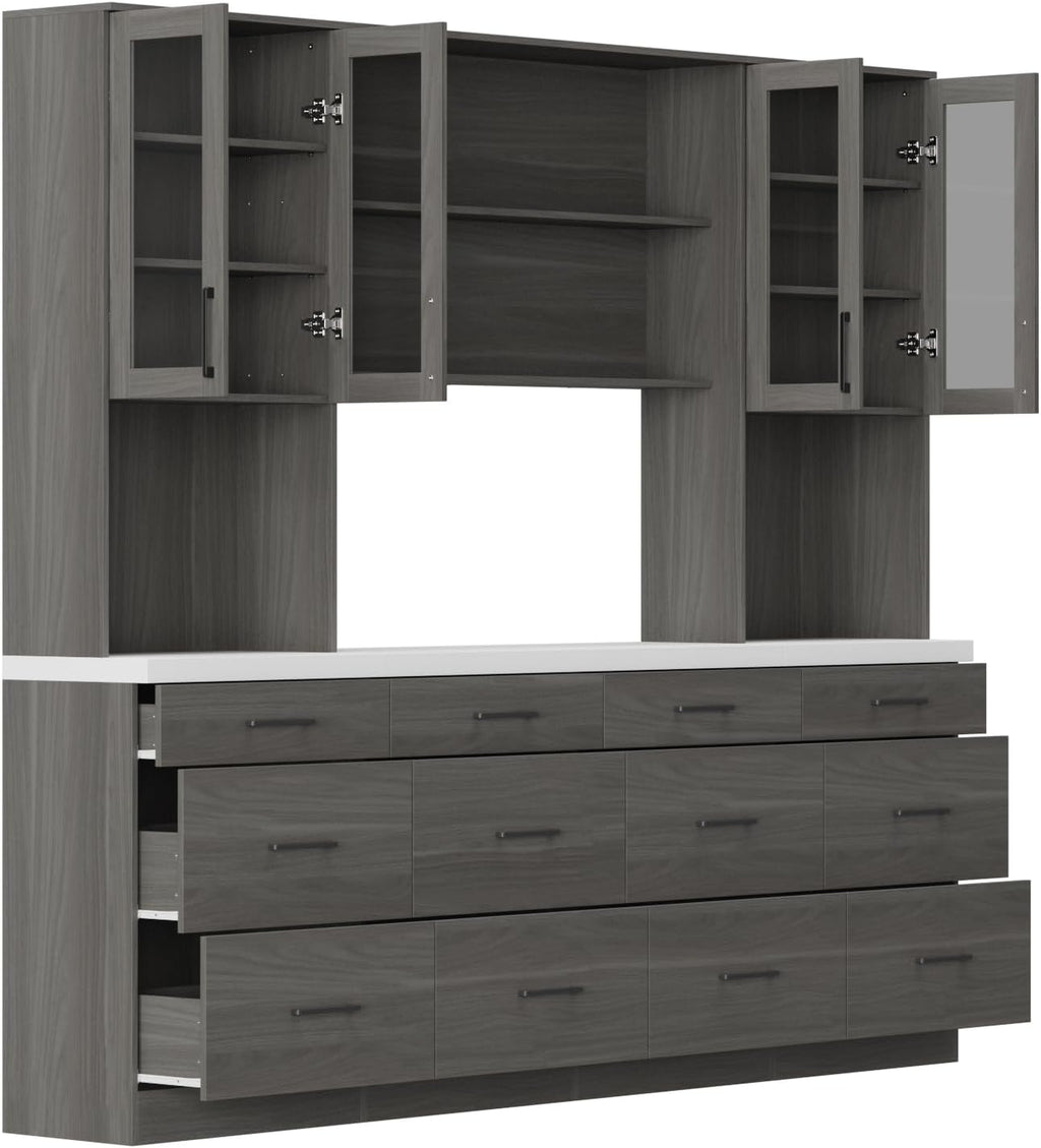 Timechee 82.7" Tall Kitchen Pantry Storage Cabinet, Large Free Standing Food Storage Hutch with Doors and Shelves, Modern Cupboard Coffee Bar with Drawers for Dining Room, Gray