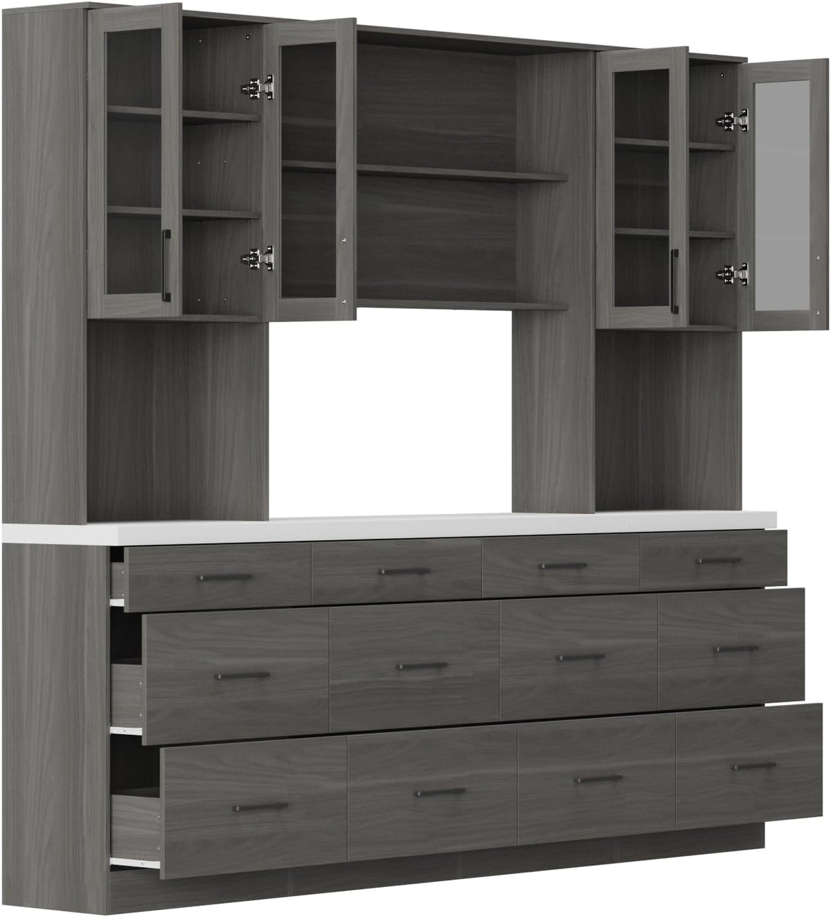 Timechee 82.7" Tall Kitchen Pantry Storage Cabinet, Large Free Standing Food Storage Hutch with Doors and Shelves, Modern Cupboard Coffee Bar with Drawers for Dining Room, Gray