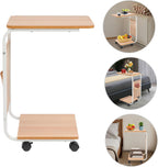 C-Shaped Side Table w/Wheels, C-Shaped Coffee Table, Bedside Side Table, Couch Table, Couch Tray Tables, Small End Table for Small Spaces, Living Room, Bedroom (White, Wood Color)