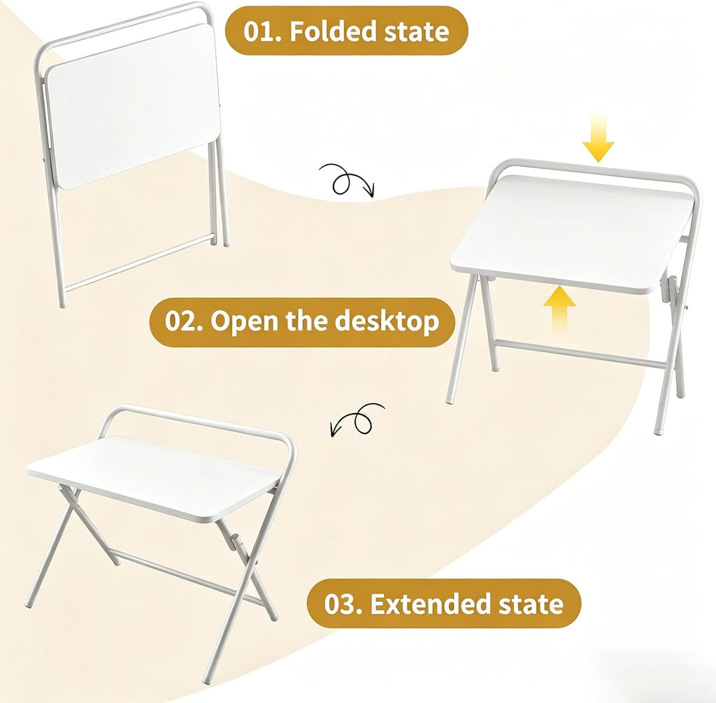 Folding Table, Small Computer Desk, Foldable Desk for Bedroom, Mini Desk for Home Office&Study, 24x16 Inches, No Assembly Required, Wood Top with Metal Frame, White