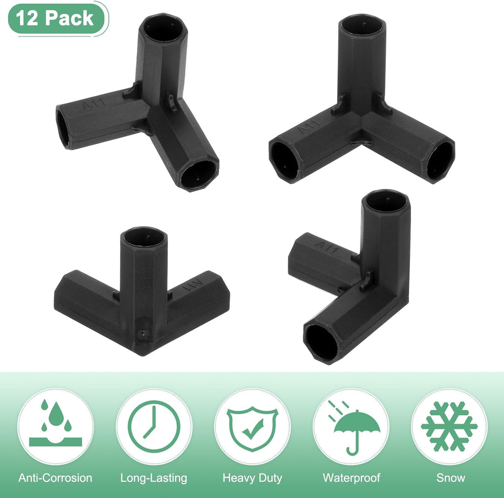 12 Pcs 11mm Greenhouse Frame Building Connectors, 3 Way Right Angle Pipe Fitting for Grape Trellis/Sunscreen Shed/Gardening Plant Stakes, Greenhouse Accessories [Black]