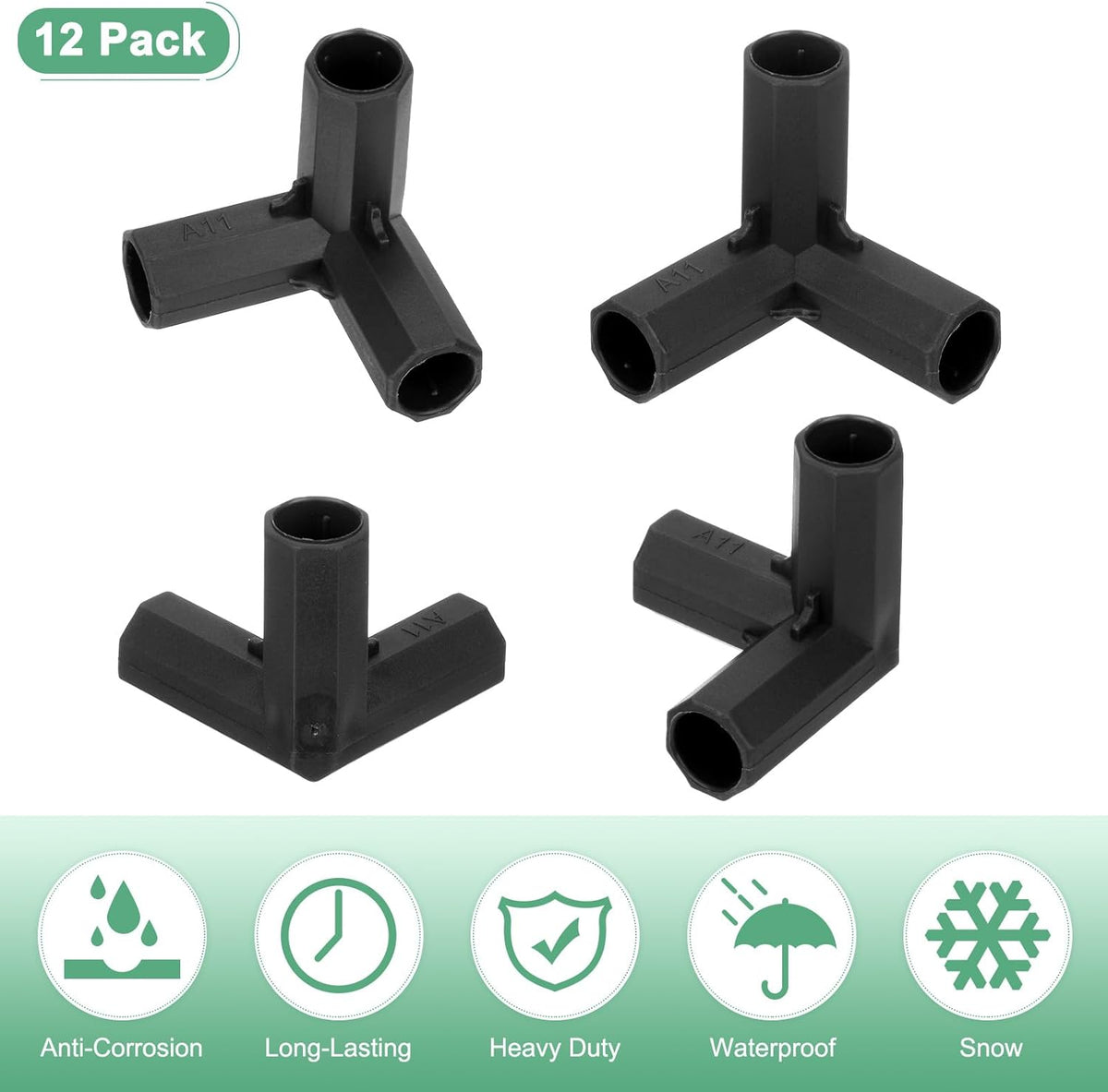 12 Pcs 11mm Greenhouse Frame Building Connectors, 3 Way Right Angle Pipe Fitting for Grape Trellis/Sunscreen Shed/Gardening Plant Stakes, Greenhouse Accessories [Black]