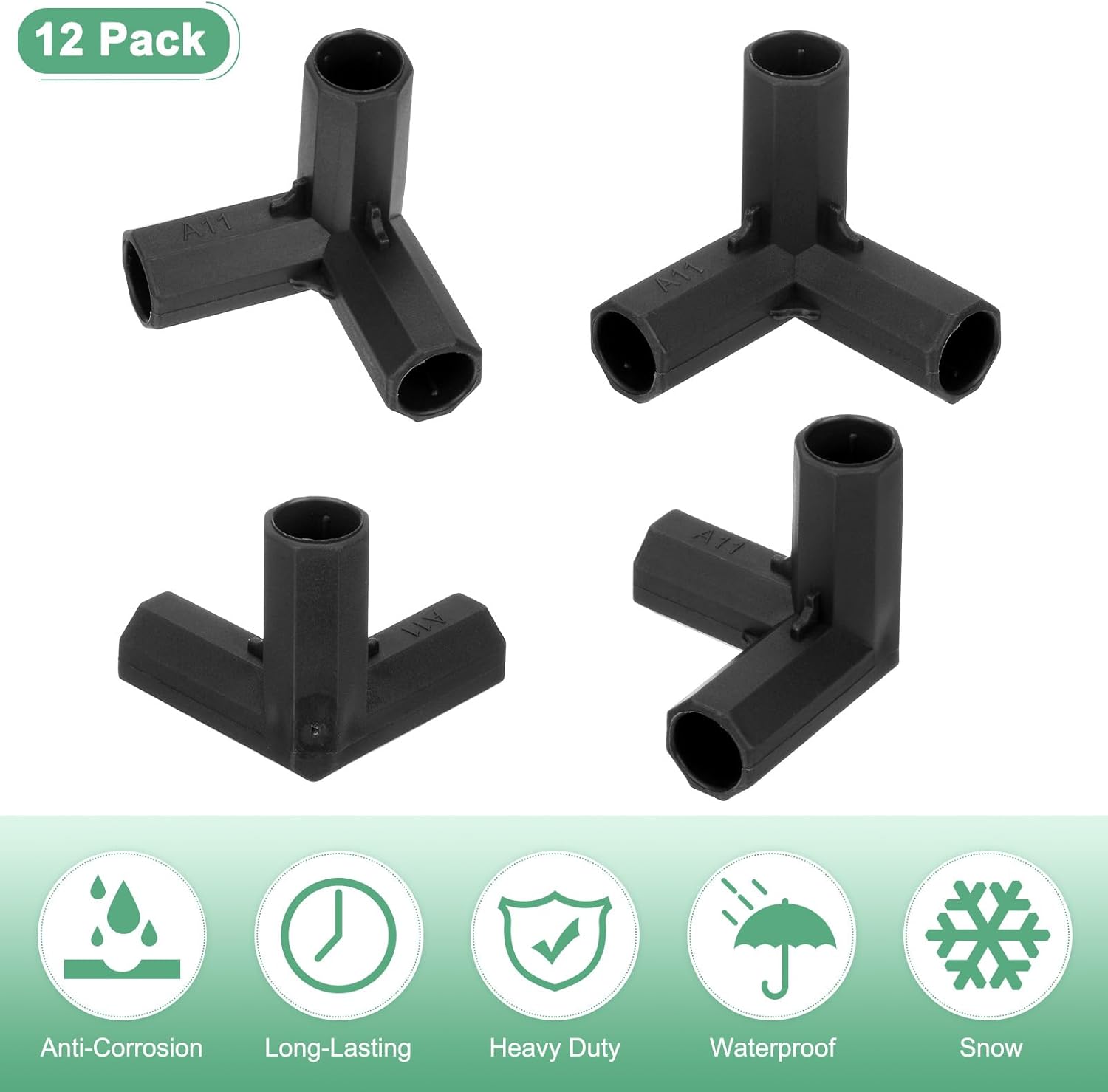 4 Pcs 11mm Greenhouse Frame Building Connectors, 3 Way Right Angle Pipe Fitting for Grape Trellis/Sunscreen Shed/Gardening Plant Stakes, Greenhouse Accessories [Black]