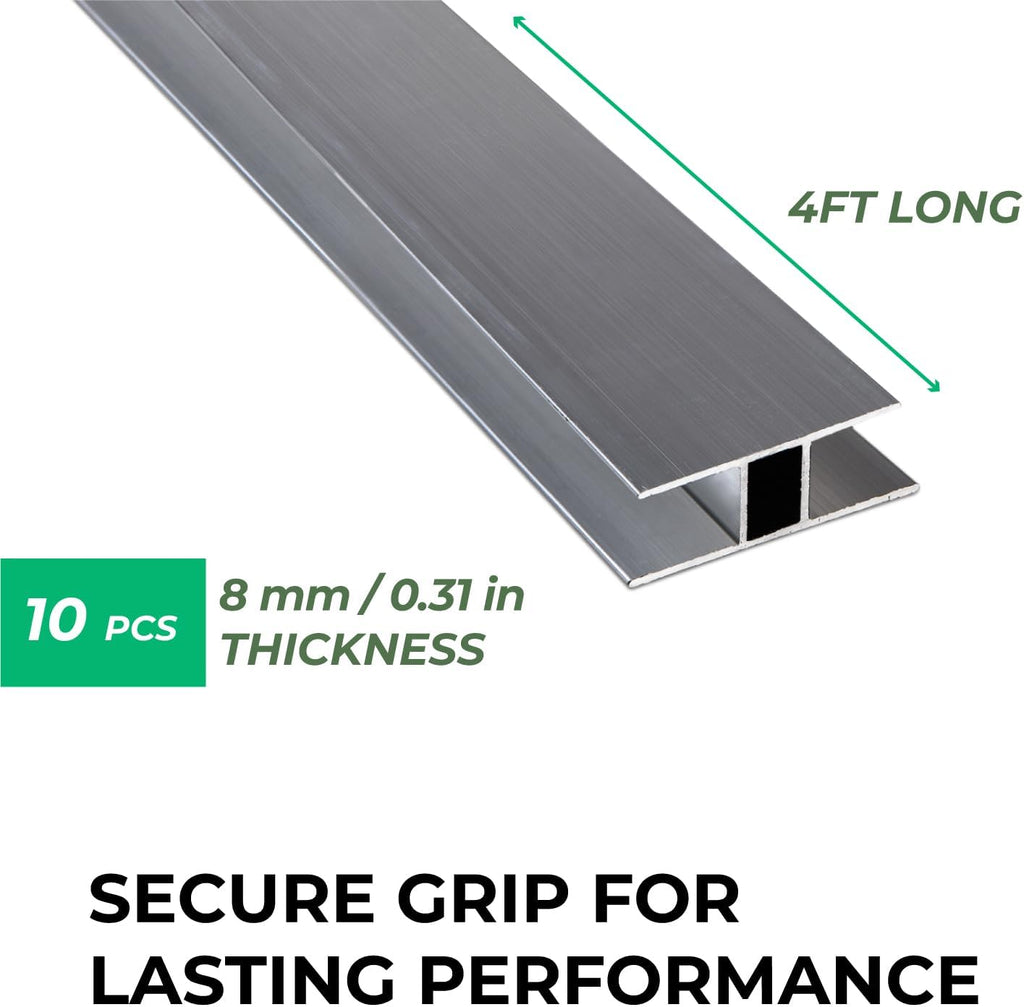 Aluminum H Connectors - Fits 4mm, 6mm, 8mm, or 10mm Twin-Wall Greenhouse Panels, Join 2 Pieces of Panels Together, 4-Foot Length, 10 Pieces (8mm Aluminum H Connectors)
