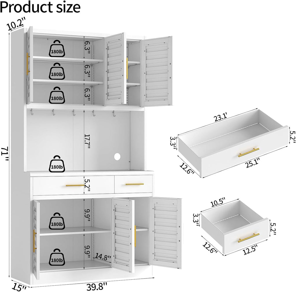 71" Tall Kitchen Pantry Cabinet, Metal Storage Cabinet, with 6 Doors & 6 Adjustable Shelves & 2 Drawer,Cupboard for Bathroom, Dinning Room, Kitchen, White