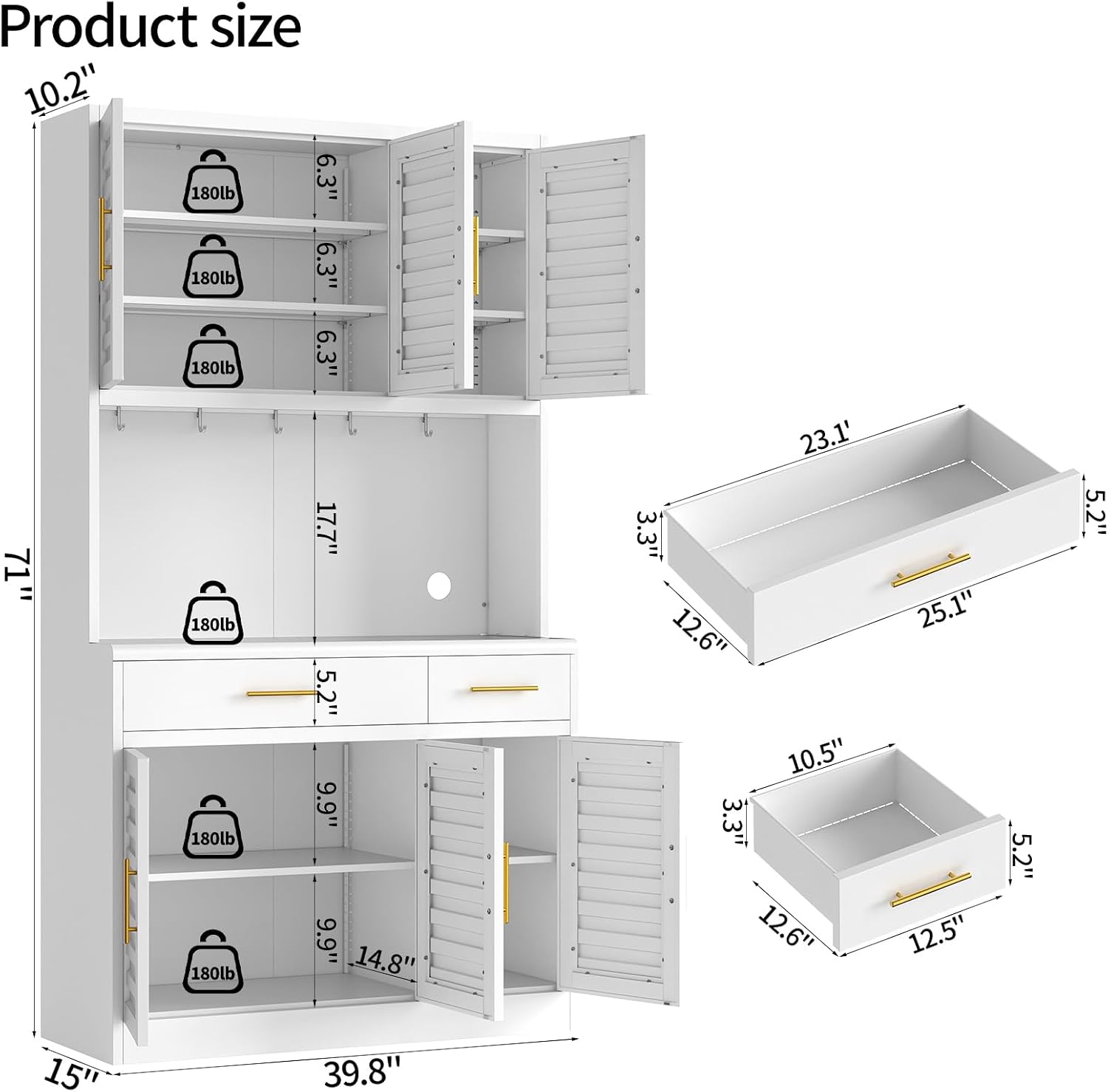 71" Tall Kitchen Pantry Cabinet, Metal Storage Cabinet, with 6 Doors & 6 Adjustable Shelves & 2 Drawer,Cupboard for Bathroom, Dinning Room, Kitchen, White