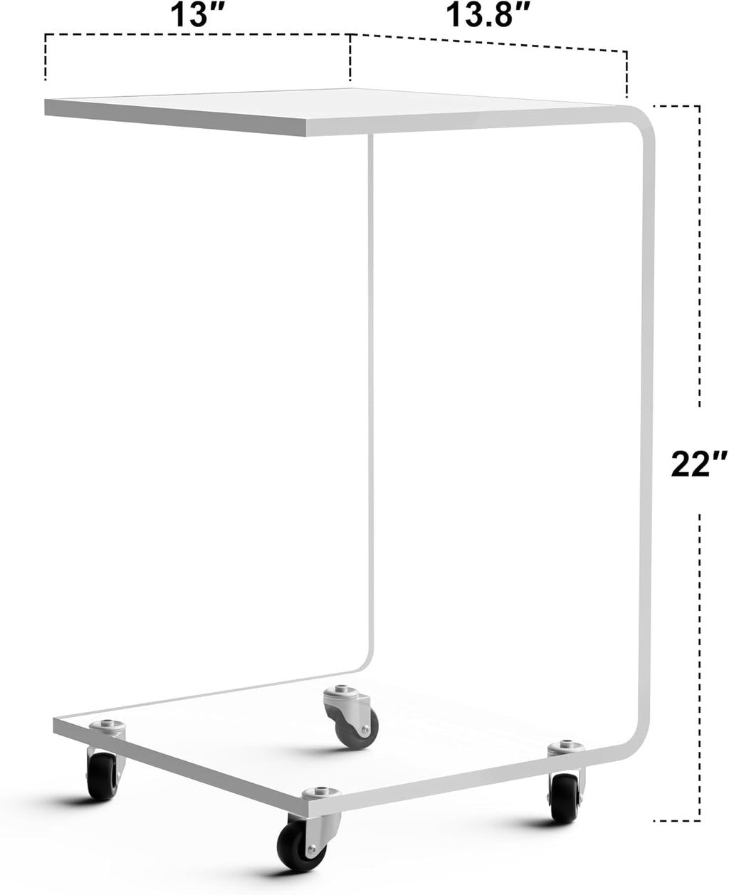 C-Shape Acrylic Side Table with Wheels,13.8" L x 13" W x 22" H x 1/2" Thick Clear End Table,Transparent Nightstand with Waterfall Edges,Modern Lucite Side Table for Living Room