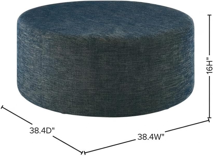 Blue Round Woven Fabric Upholstered Ottoman, 38 Inches, Lightweight, Stylish Outdoor Furniture for Patio, Garden, Balcony