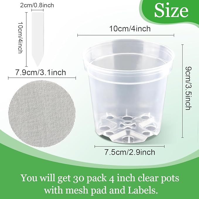 4 Inch Clear Nursery Pots for Plants, Plastic Plant Pot with Drainage Holes, Sturdy Seed Starter Pots, Small Transparent Seedling Pots with Plant Labels and Soil Screens, Gardening Gifts(30 Pack)