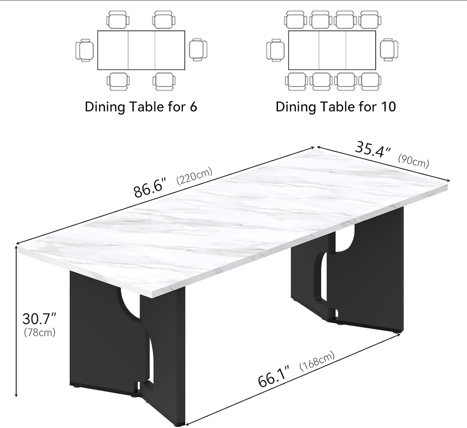 86.6" Modern Dining Table for 6-10 People,Long Kitchen Tables with Wooden Black V Shaped Frame Legs,Rectangular Dinner Table with Imitation Marble Tabletop for Kitchen, Dining Room（Only Table