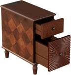 Narrow End Table with Charging Station, Slim Side Table with Drawers for Small Spaces, Long Nightstand with Storage, Traditional Small Bedside Cabinet for Living Room/Bedroom/Corner, Walnut