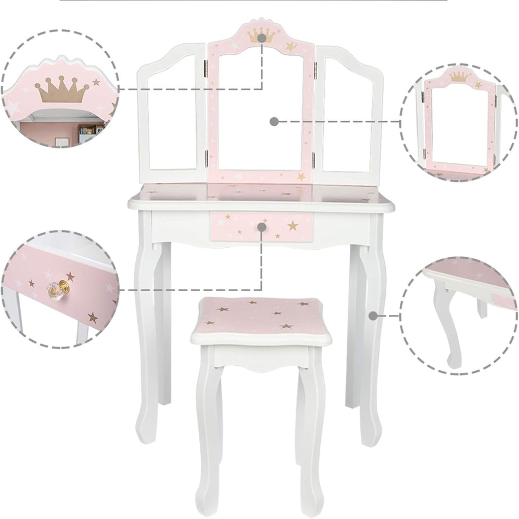 NC Pink Kids Vanity Set Wood Makeup Table and Chair Set for Little Girls Princess Child Vanity Desk Tri-Fold Mirror Dressing Table with Drawer (Pink Star Style)