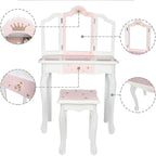 NC Pink Kids Vanity Set Wood Makeup Table and Chair Set for Little Girls Princess Child Vanity Desk Tri-Fold Mirror Dressing Table with Drawer (Pink Star Style)