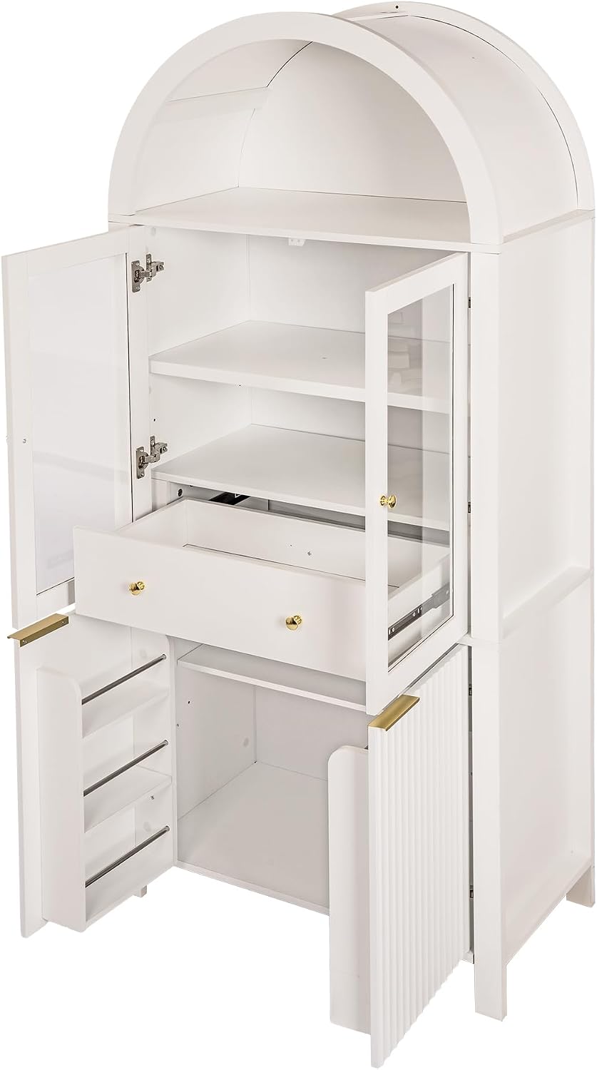 71" Fluted Tall Arched Kitchen Pantry with Glass Door, Farmhouse Storage Cabinet with Adjustable Shelves & Hidden Drawer for Kitchen, Living Room, Dining Room, White