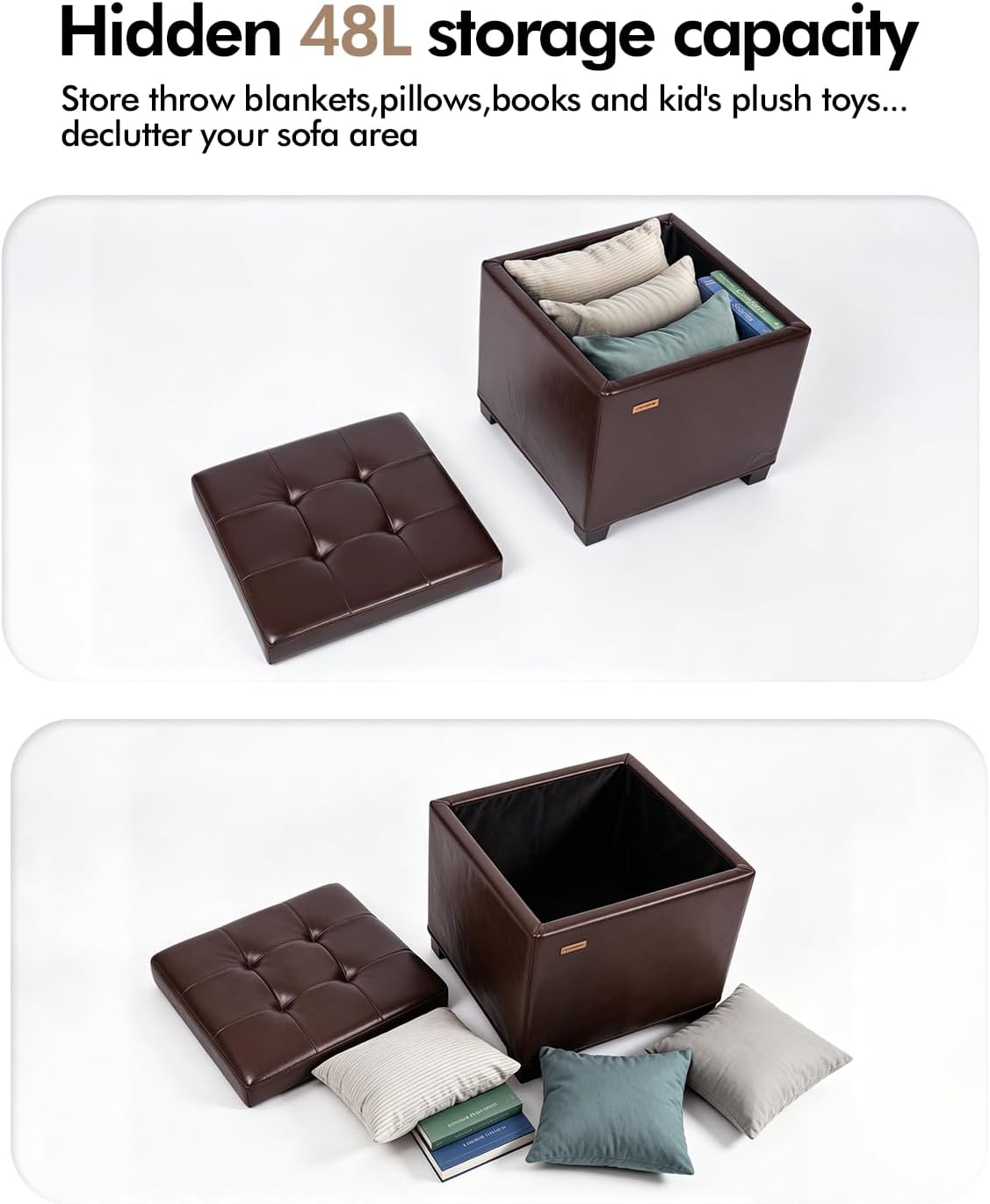 ABHENG Steel Frame Square Ottoman with Storage Antique Brown UASND63R | 17.7" x 17.7" x 17.7", Hold 660 lbs, 48L Storage Capacity, Waterproof Synthetic Leather, Removable Lid, for Dorm Living Room