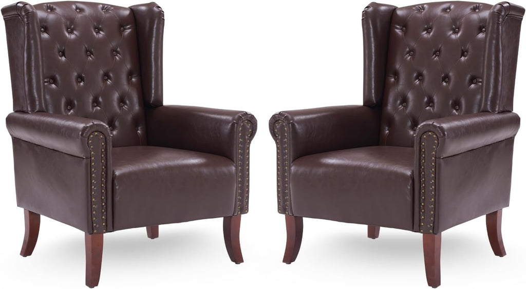 Modern Accent Chair Set of 2, Mid-Century Faux Leather Armchair Upholstered Club Sofa Chair with Wooden Legs, High Back Living Room Chair for Bedroom, Office, Lounge (Caramel)