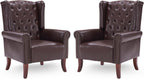Modern Accent Chair Set of 2, Mid-Century Faux Leather Armchair Upholstered Club Sofa Chair with Wooden Legs, High Back Living Room Chair for Bedroom, Office, Lounge (Caramel)