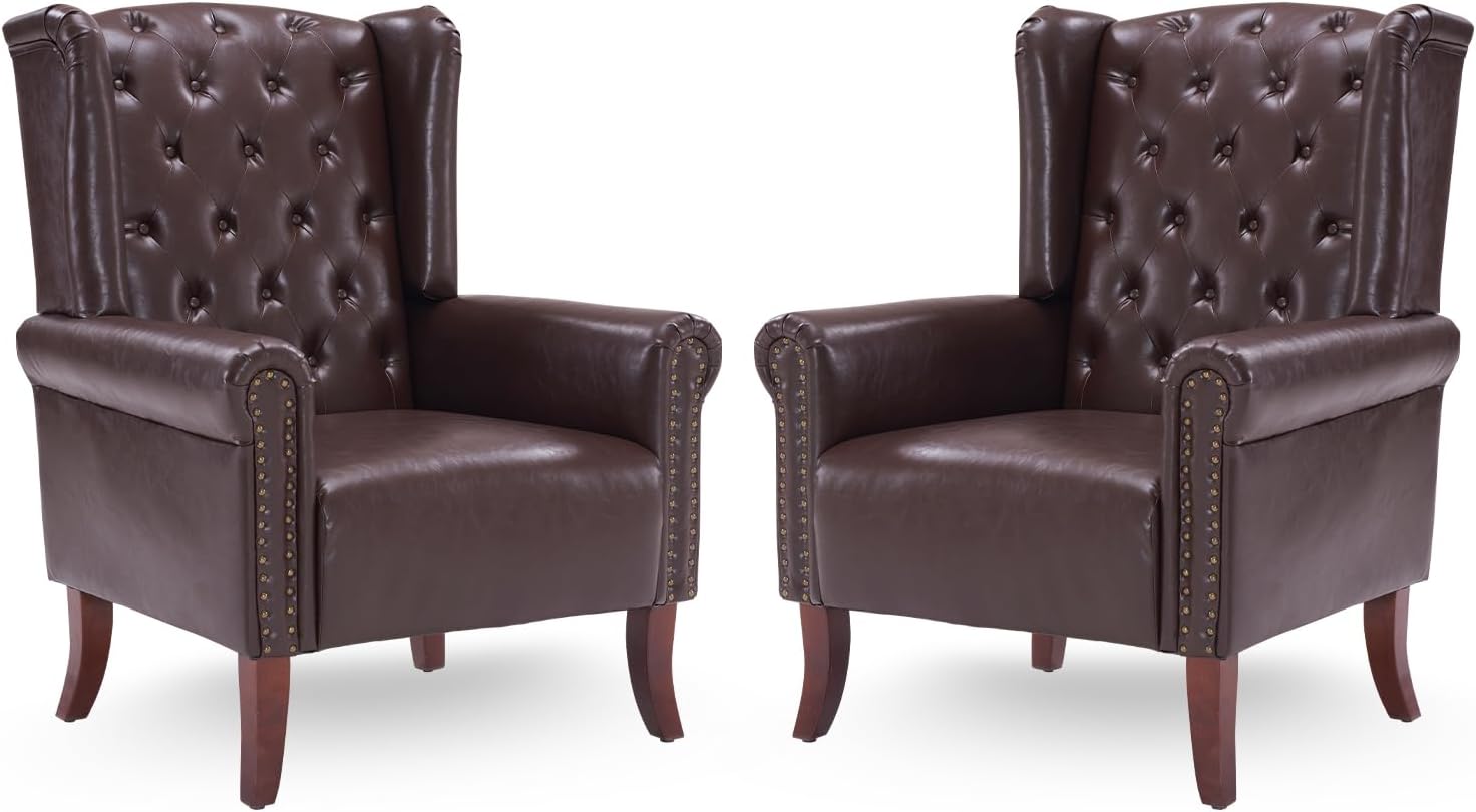 Modern Accent Chair Set of 2, Mid-Century Faux Leather Armchair Upholstered Club Sofa Chair with Wooden Legs, High Back Living Room Chair for Bedroom, Office, Lounge (Caramel)