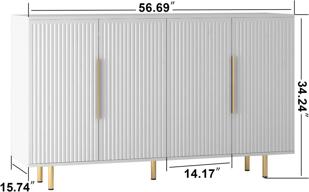 Sideboard Cabinet, 56" Large Buffet with Storage, Wood Credenza with 4 Fluted Doors and Adjustable Shelves, for Living Room, Kitchen, Entryway, White