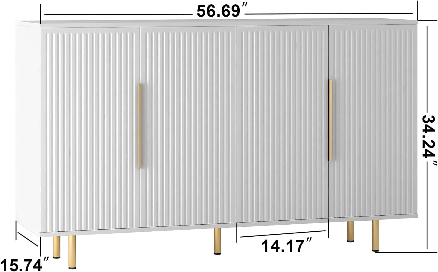 Sideboard Cabinet, 56" Large Buffet with Storage, Wood Credenza with 4 Fluted Doors and Adjustable Shelves, for Living Room, Kitchen, Entryway, White